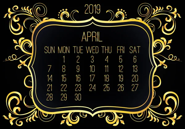 Abril ano 2019 calendário dourado mensal — Vetor de Stock