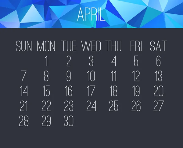 4月の年2019月間カレンダー — ストックベクタ