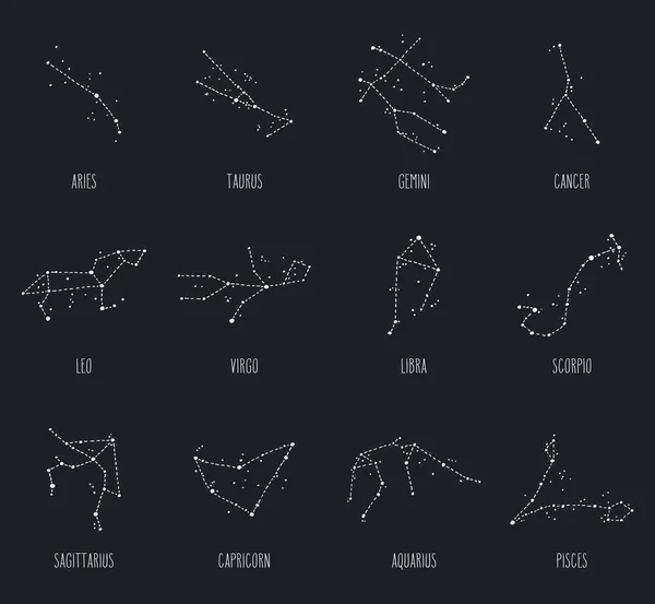 Signos del zodíaco constelaciones dibujadas a mano — Vector de stock