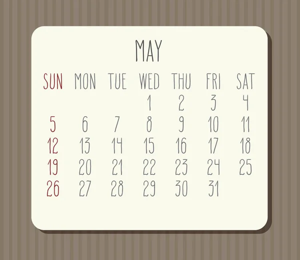 Maggio anno 2019 calendario mensile — Vettoriale Stock