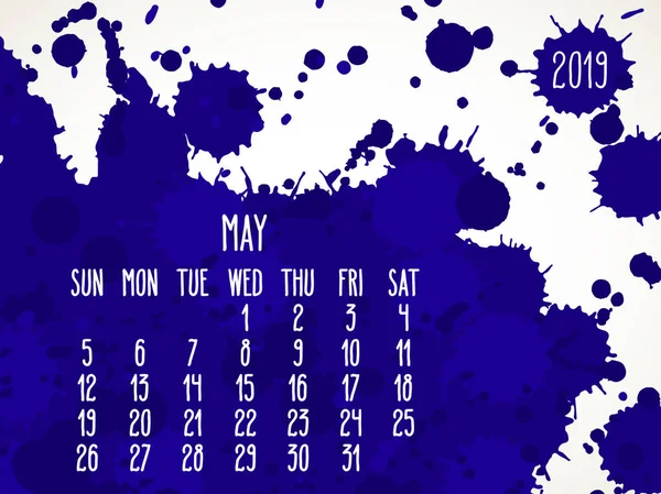 Май 2019 года календарь синей краски — стоковый вектор