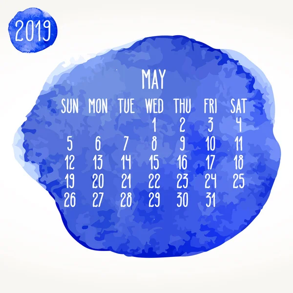 Mayo año 2019 acuarela azul pintura calendario mensual — Vector de stock