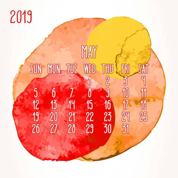 Mayo año 2019 colorido acuarela pintura calendario mensual — Vector de stock