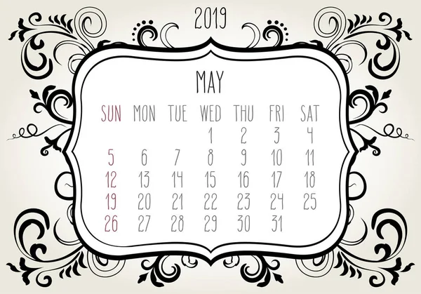 Año de mayo 2019 calendario mensual — Vector de stock