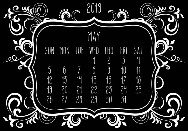 Ano de maio 2019 calendário mensal — Vetor de Stock