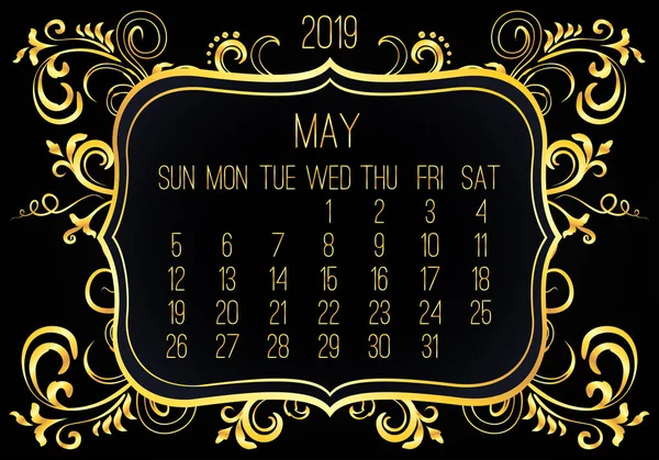 Μάιος έτος 2019 μηνιαίο χρυσό ημερολόγιο — Διανυσματικό Αρχείο