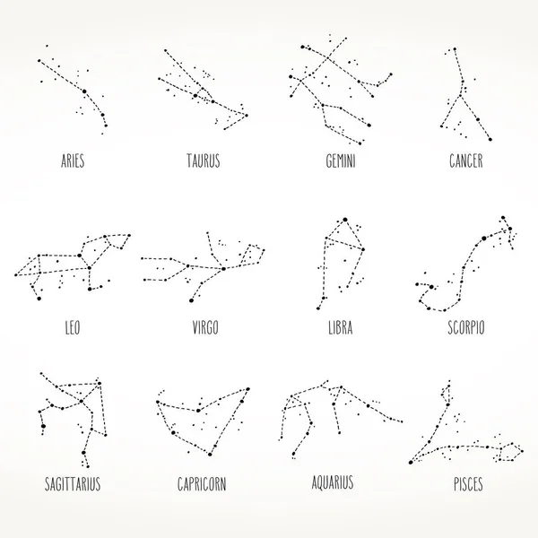 Zodiac sign hand drawn constellations set — Stock Vector