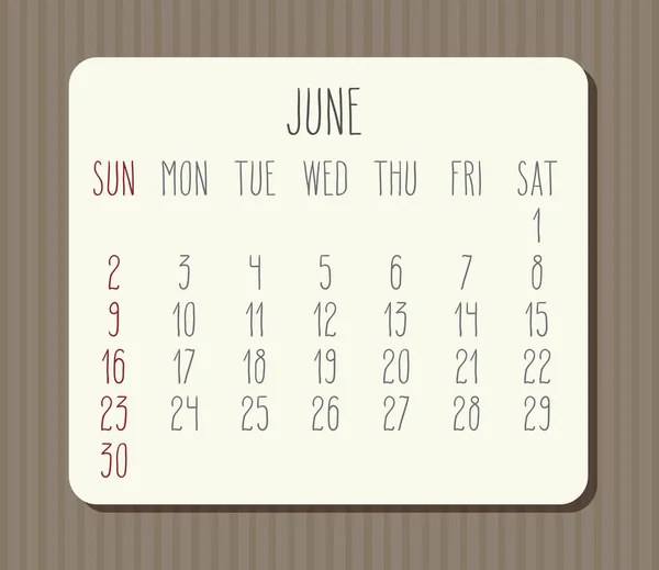 Año junio 2019 calendario mensual — Vector de stock