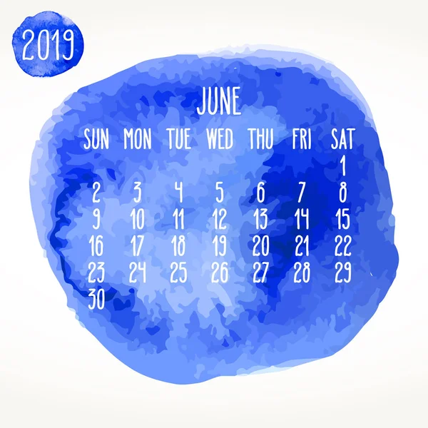 Junio año 2019 acuarela azul pintura calendario mensual — Vector de stock