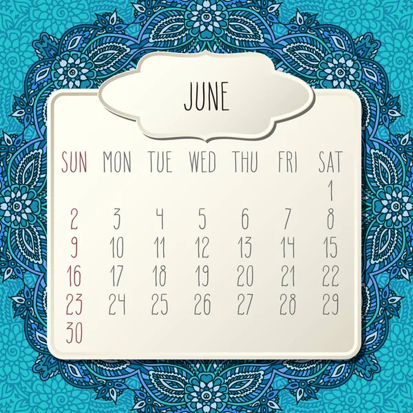 Juni Jahr 2019 monatlicher Kalender — Stockvektor