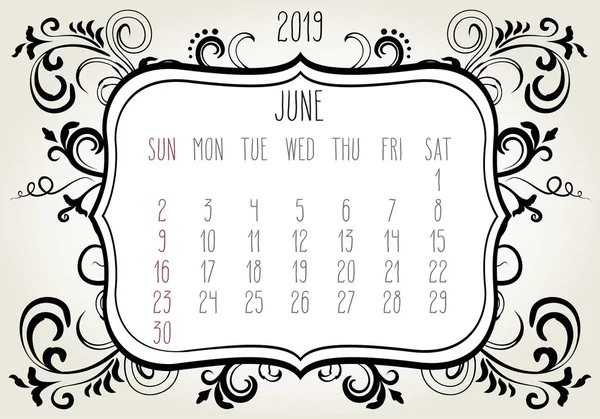 Ano de junho 2019 calendário mensal — Vetor de Stock