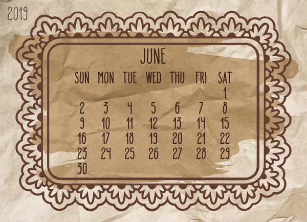 June year 2019 vintage monthly calendar — Stock Vector