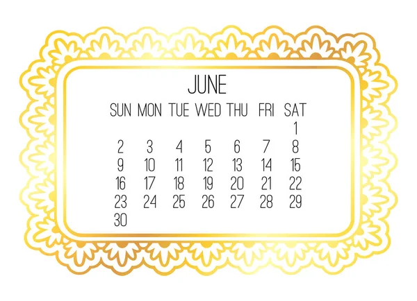Junho ano 2019 calendário dourado mensal — Vetor de Stock