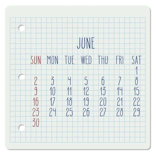 June year 2019 monthly calendar — Stock Vector