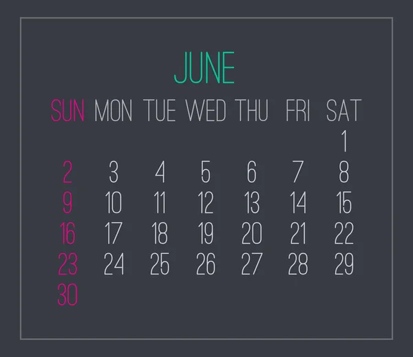 Año junio 2019 calendario mensual — Vector de stock