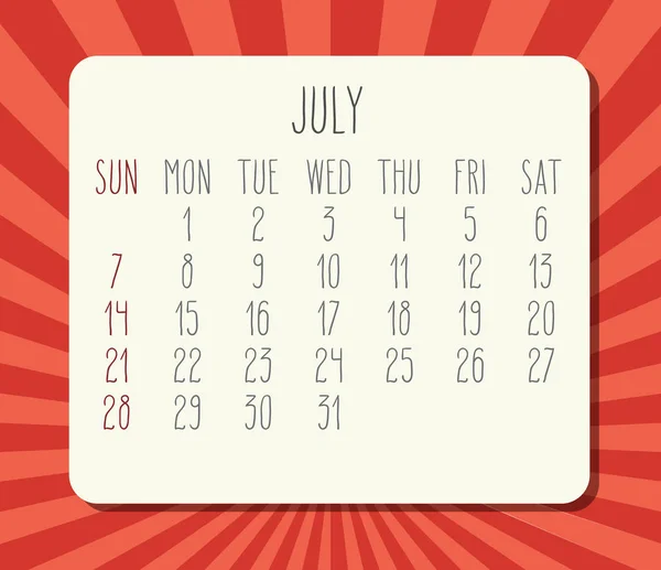 Julho ano 2019 calendário mensal — Vetor de Stock