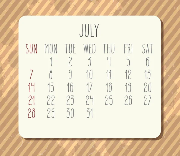 Ιούλιος έτος 2019 vintage μηνιαίο ημερολόγιο — Διανυσματικό Αρχείο