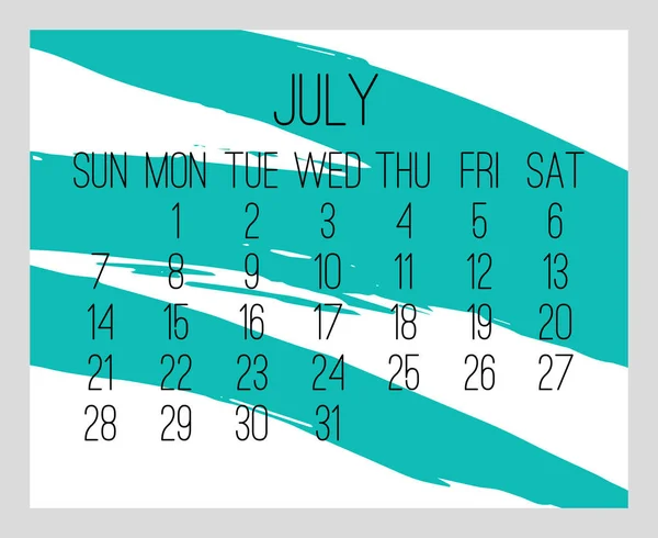 Ежемесячный календарь июля 2019 года — стоковый вектор