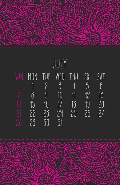 July year 2019 monthly calendar — Stock Vector