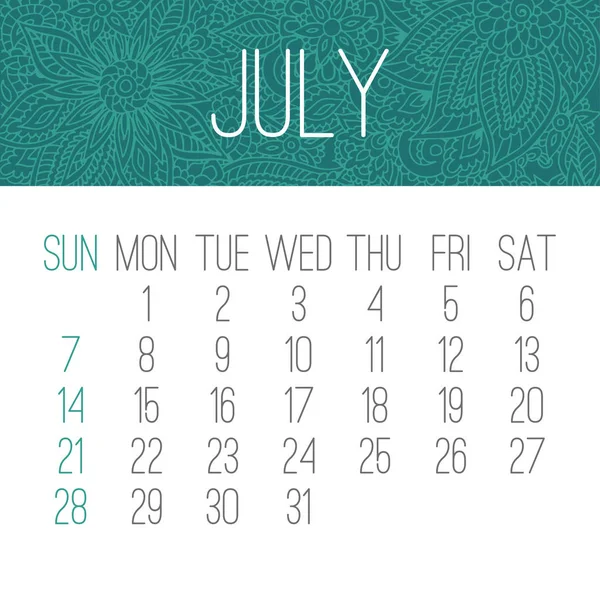Ежемесячный календарь июля 2019 года — стоковый вектор