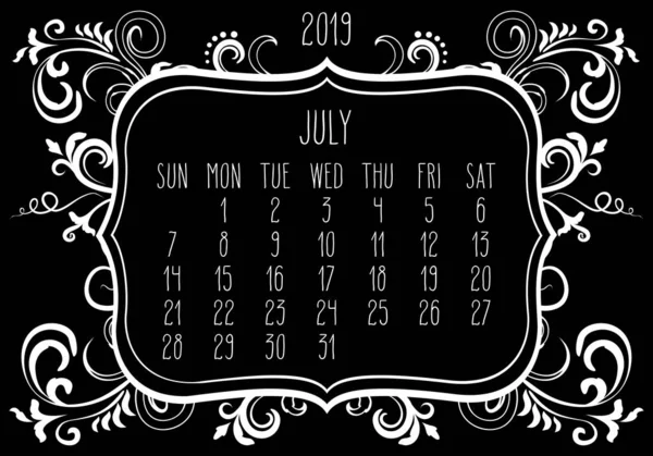 Juillet année 2019 calendrier mensuel — Image vectorielle