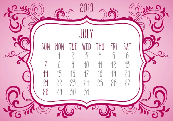 2019年7月の月間カレンダー — ストックベクタ