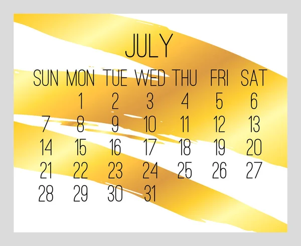 Julio año 2019 calendario de oro mensual — Archivo Imágenes Vectoriales