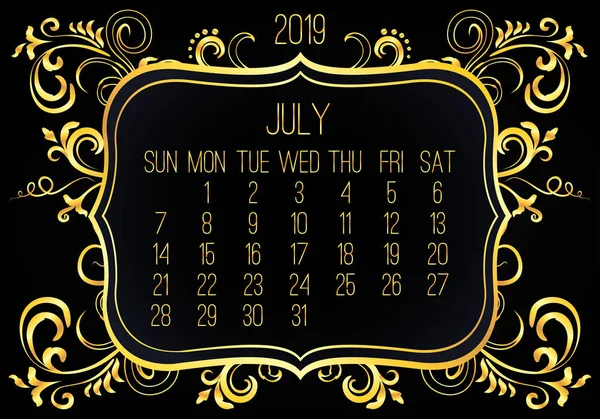 Juillet année 2019 calendrier mensuel doré — Image vectorielle