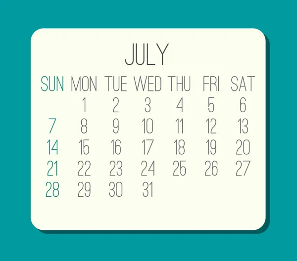 Julho ano 2019 calendário mensal — Vetor de Stock