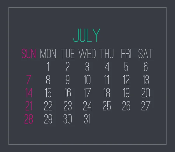 Calendario mensual julio 2019 — Vector de stock