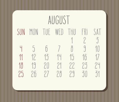 Ağustos yılı 2019 aylık takvimi