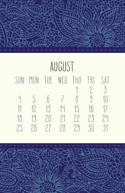 Ağustos yılı 2019 aylık takvimi