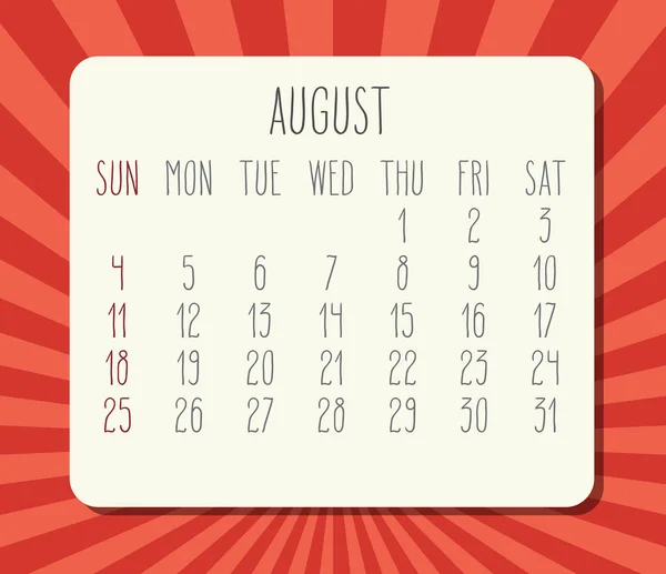Augusztus év 2019 havi naptár — Stock Vector