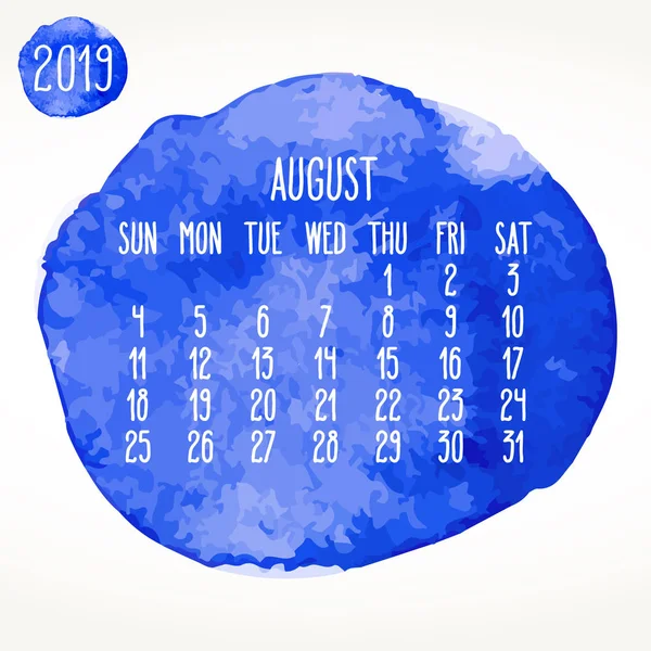 Août année 2019 aquarelle bleue peinture calendrier mensuel — Image vectorielle