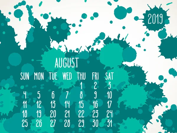 Agosto año 2019 pintar calendario mensual — Vector de stock