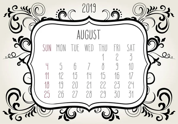 August Jahr 2019 monatlicher Kalender — Stockvektor