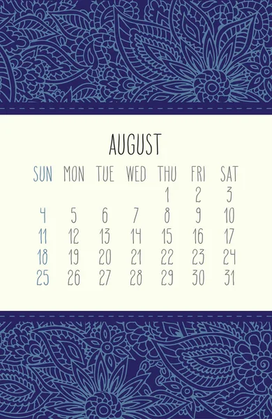 August Jahr 2019 monatlicher Kalender — Stockvektor