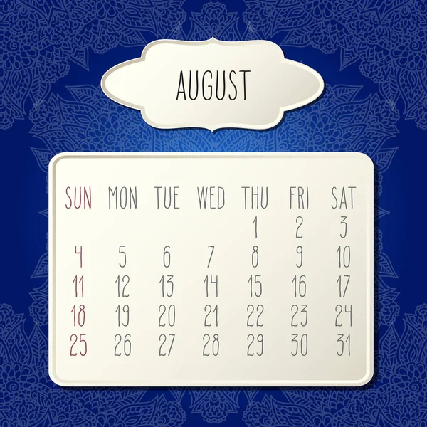 August jahr 2019 blauer monatlicher kalender — Stockvektor