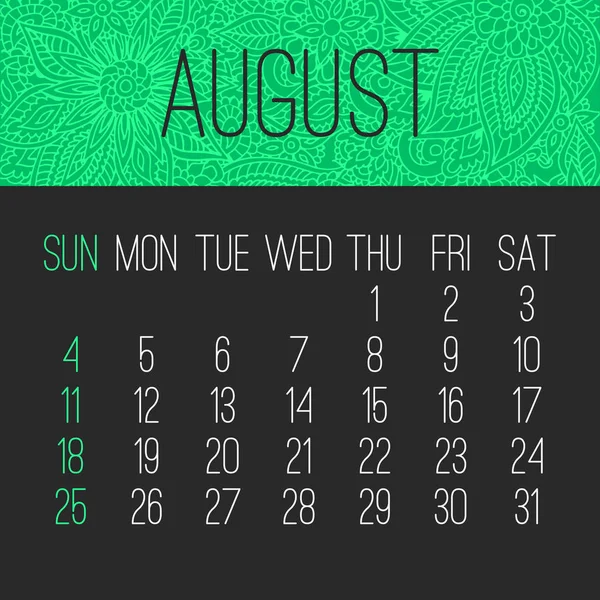 Augustus jaar 2019 maand kalender — Stockvector