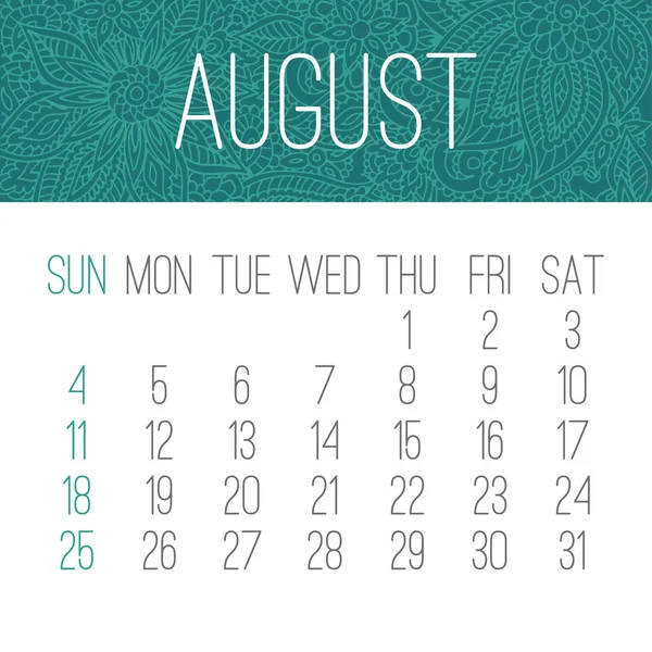 Sierpień roku 2019 miesięczny kalendarz — Wektor stockowy