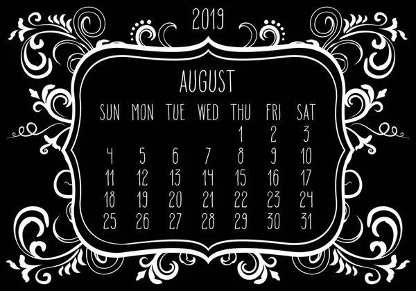 August år 2019 månedlig kalender – Stock-vektor