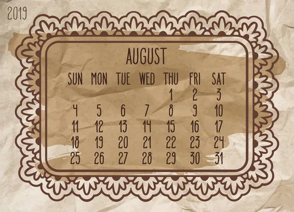 Août année 2019 millésime calendrier mensuel — Image vectorielle