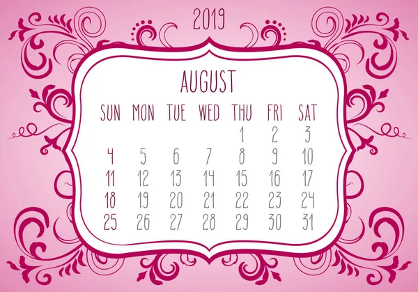 Αύγουστος έτος 2019 μηνιαίο ημερολόγιο — Διανυσματικό Αρχείο