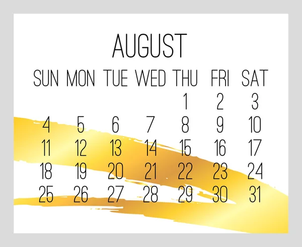 August jahr 2019 monatlicher goldener kalender — Stockvektor