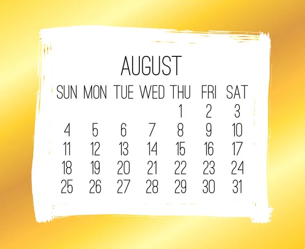 Август 2019 месячный золотой календарь — стоковый вектор