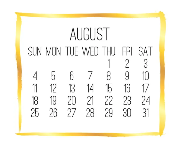 Sierpień roku 2019 miesięczny złoty kalendarz — Wektor stockowy