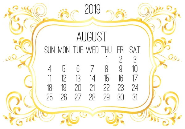 Août année 2019 calendrier mensuel doré — Image vectorielle