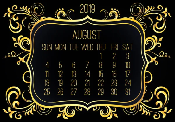Αύγουστος έτος 2019 μηνιαίο χρυσό ημερολόγιο — Διανυσματικό Αρχείο