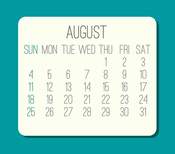 Αύγουστος έτος 2019 μηνιαίο ημερολόγιο — Διανυσματικό Αρχείο