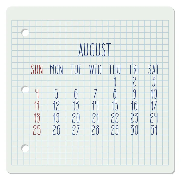 Août année 2019 calendrier mensuel — Image vectorielle